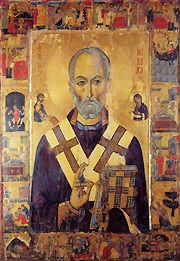 Der heilige Bischof Nikolaus auf einer Ikone des Katharinenklosters in der Wüste Sinai aus dem dreizehnten Jahrhundert